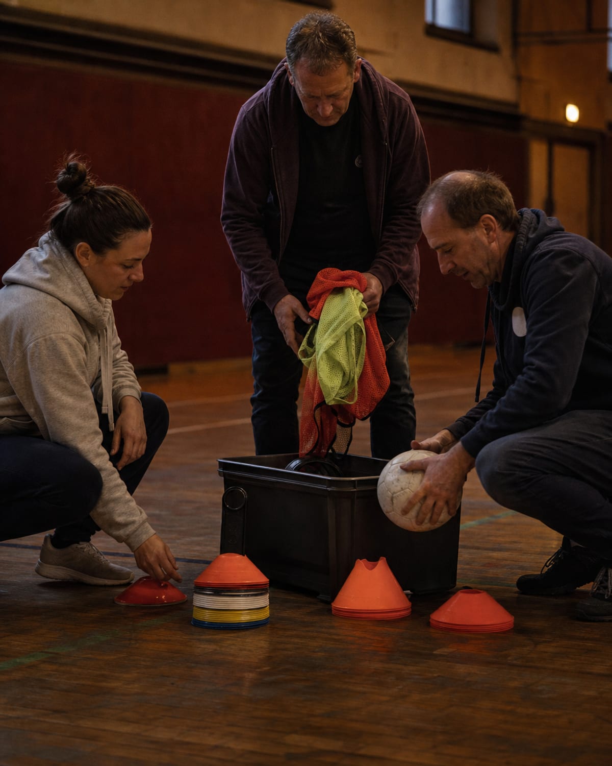 KI-generiertes Stimmungsbild: Ehrenamtliche bereiten gemeinsam das Training in einer kleinen Sporthalle vor